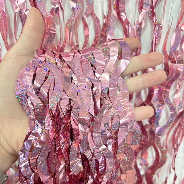 Nvzi Paquete de 5 cortinas de papel de aluminio para fiesta de oro rosa: telón de fondo ondulado para fotomatón de 3,3 pies x 6,6 pies, cortinas con flecos de papel de aluminio