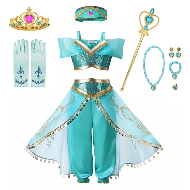 Disney-vestido de princesa Jasmine para niña, conjunto de ropa de Halloween para fiesta de cumpleaños, Carnaval, Cosplay, lámpara ágica de Aladdín