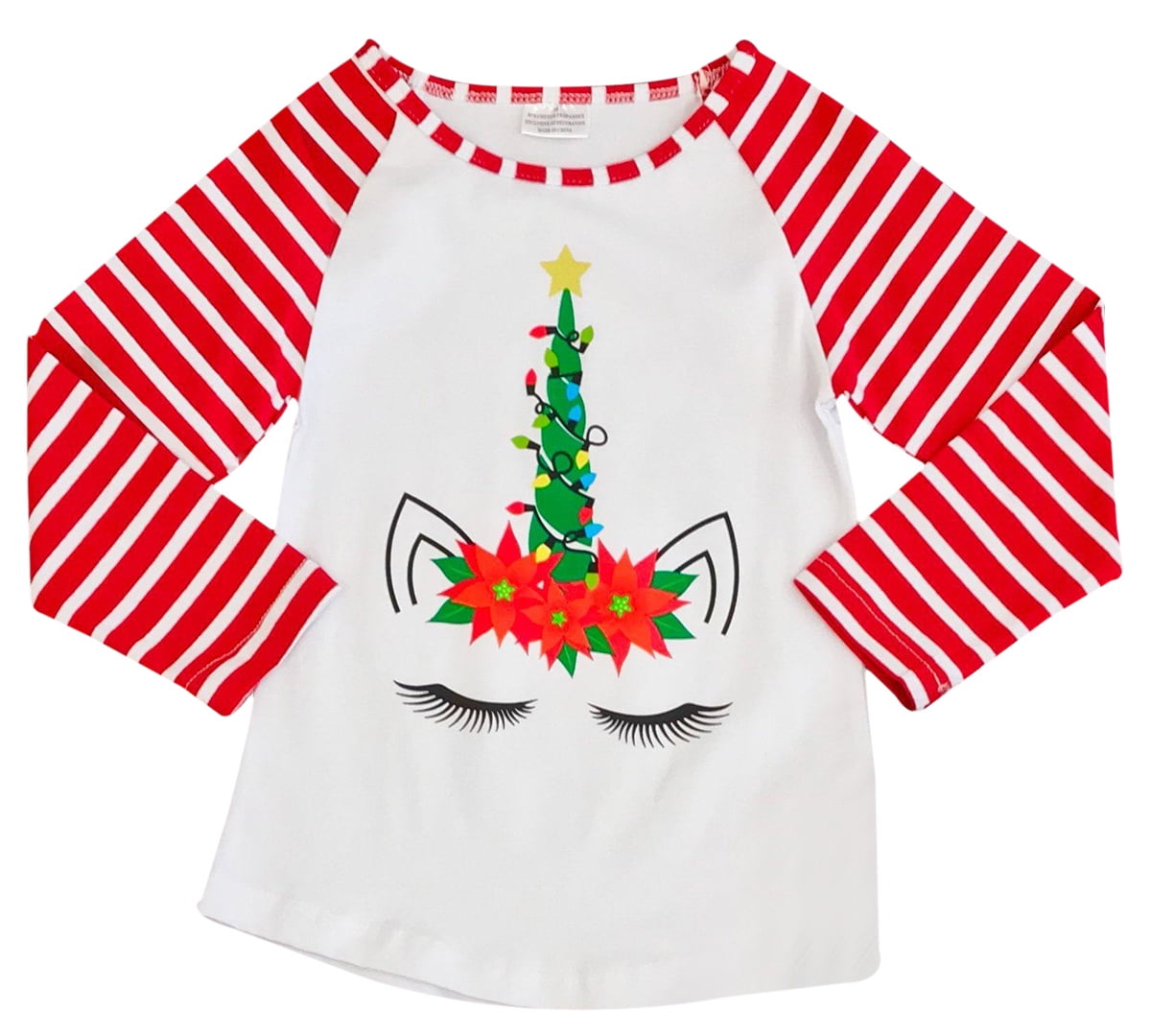 Red White Christmas Unicorn Deer Ruffle Sleeve Raglan T-Shirt  2-3 Years 