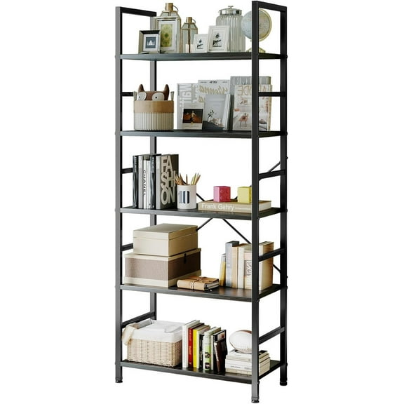 Sybels 5-Tier Industrial Bookshelf, Storage Bookcase Organizer for Home Office, Garage, Kitchen, for Books, CDs, Black