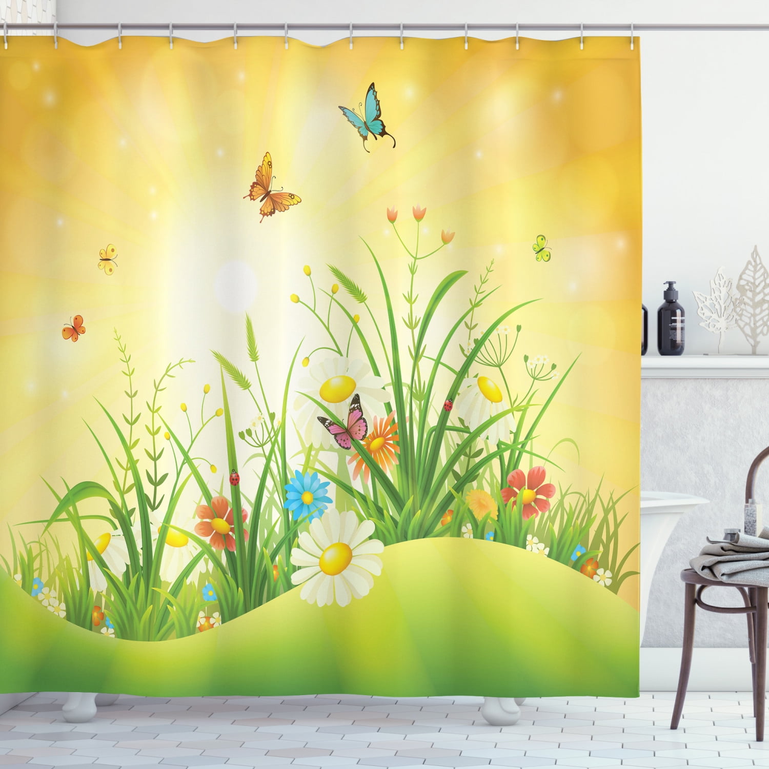 Spring Shower Curtain, Idyllic Scenery of Summertime Daisy and