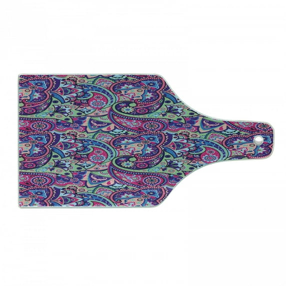 Navy and Blush Cutting Board, Pattern Based on Traditional Elements Paisley Old Fashioned Floral, Decorative Tempered Glass Cutting and Serving Board, Wine Bottle Shape, Multicolor, by Ambesonne