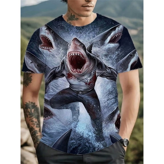 Men'S Plus Size 3D Shark Print T-Shirt - Vibrant Underwater Design, Casual Crew Neck, Short Sleeve, Lightweight & Breathable For Summer, Perfect For Big & Tall, Stylish Streetwear, PLUS SIZE