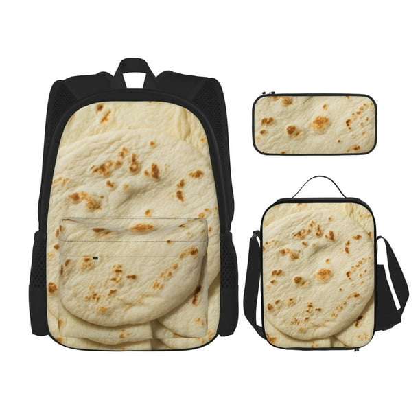 Balery Taco Tortillas Mochila escolar 3 en 1 para niños: mochila resistente con lonchera térmica y estuche para lápices. Mochila escolar para niños y niñas.