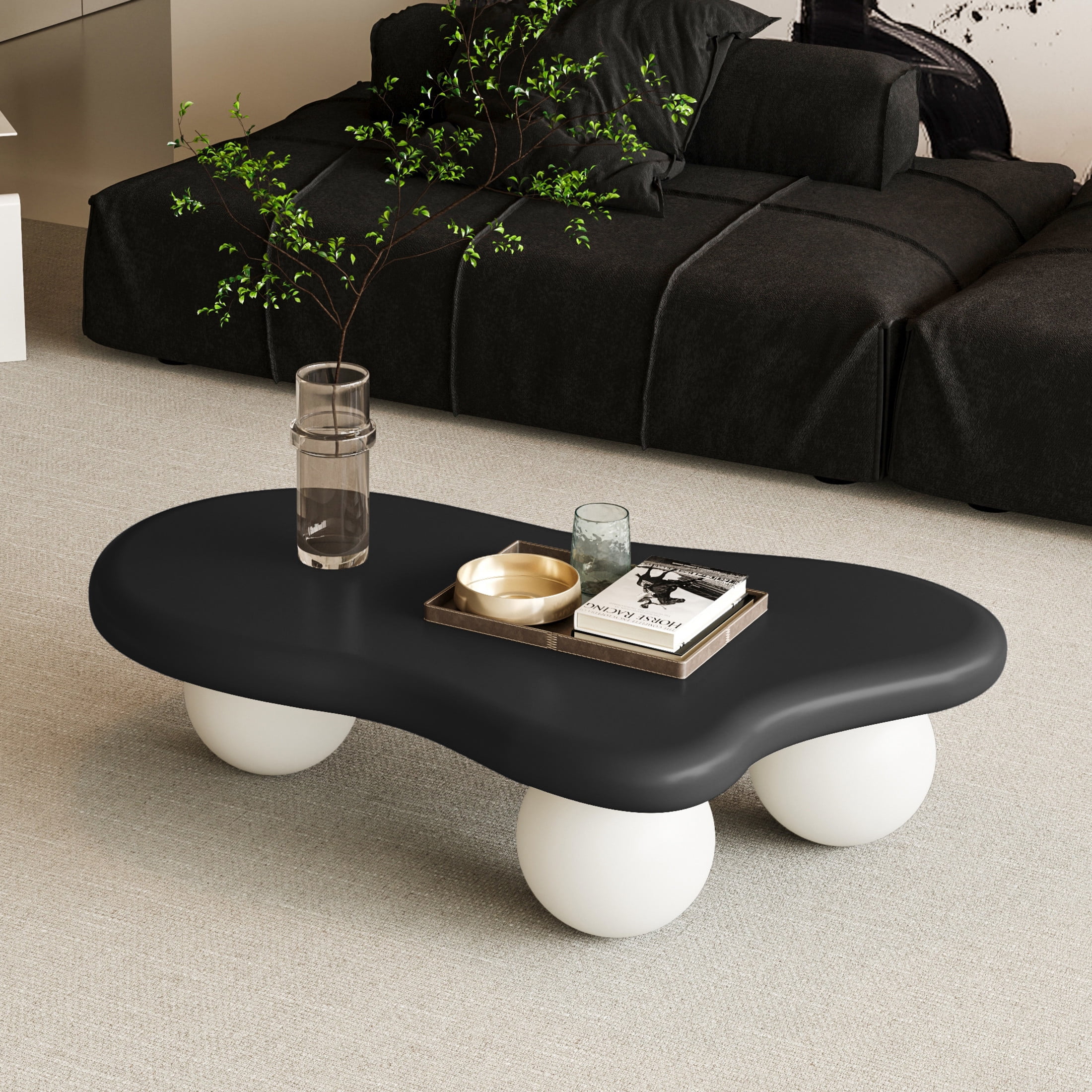Noble House 40" Cloud Shaped Coffee Table with Ball Legs, Modern Aesthetic Accent Table for Living Room, Black Top White Legs