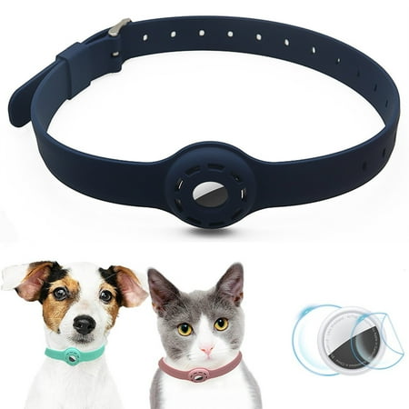 Airtag Dog Collar Holder Airtag Cat Collar 9-19.5inch Soft Silicone Dog Collars for Apple Airtag on Cats Small Dogs Puppies (Navy)