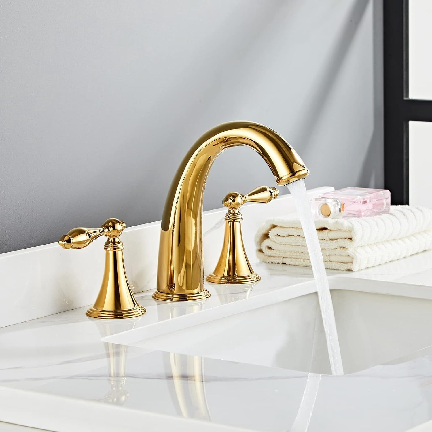 Polished Gold Bathroom Sink Faucet,Brass Bathroom Faucet 3 Hole,Widespread Bathroom Faucet for Sink 3 Hole,2 Handles Design with Water Supply Lines
