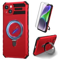 Dteck for iPhone 14 Plus Case with Magnetic Invisible Stand, Compatible with MagSafe, Glass Screen Protector Camera Protector Shockproof Rugged Case Cover for iPhone 14 Plus,Red