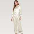 thumbnail image 2 of Women's Satin Pajama Set with Button-Up Long Sleeve Top and Wide Leg Pants with Contrast Trim - Medium, White, 2 of 7
