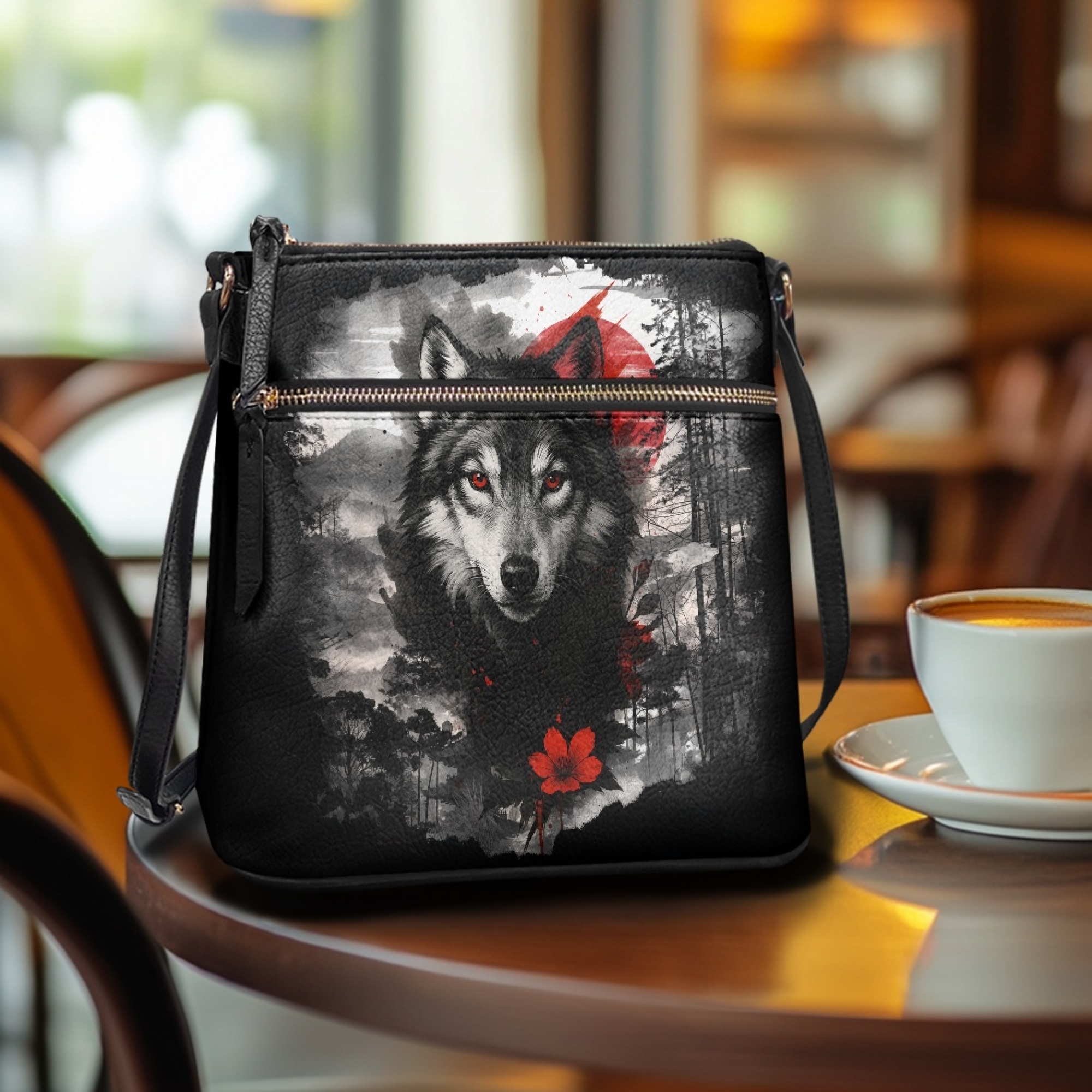 Kuiaobaty Wolf Flowers Print Crossbody Bag for Women, Lightweight Leather Satchel Purse Crossbody with Adjustable Strap, Waterproof Shoulder Handbag for Travel, Black