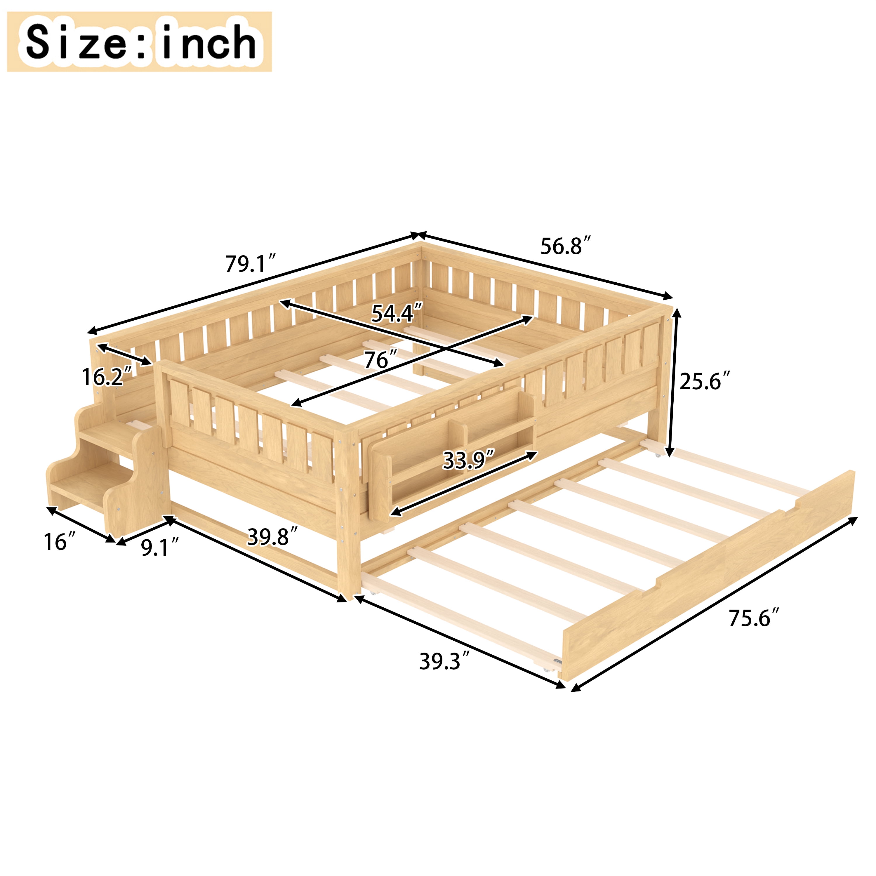 Full Bed with Bookshelf and Trundle 79.1 Inch, Solid Wood Frame with Staircase and Safety Rails, Space-Saving Kids Bed with Storage, Light Natural