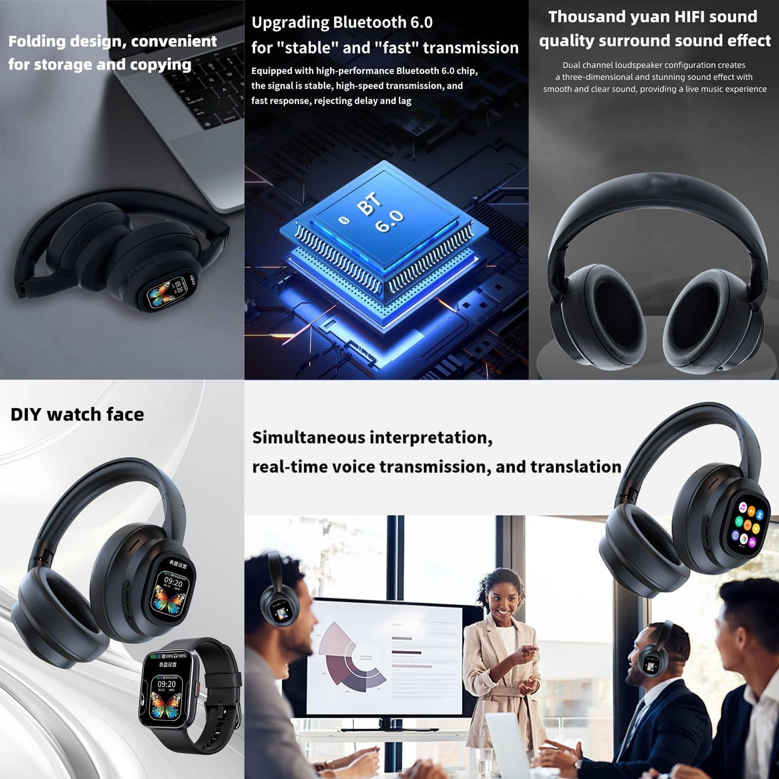 X1 PRO AI Translation Wireless Headphones with Movable LCD Touch Screen,Translator Headset Real Time 115 Language & Accents Bluetooth 6.0,Photo Taking,Flashlight,Alarm Setting,Voice Recording