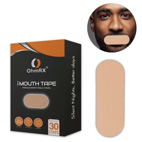 OhmRx Sleeping Mouth Tape, 30-Count I-Shape Anti-Snoring Strips, Tan