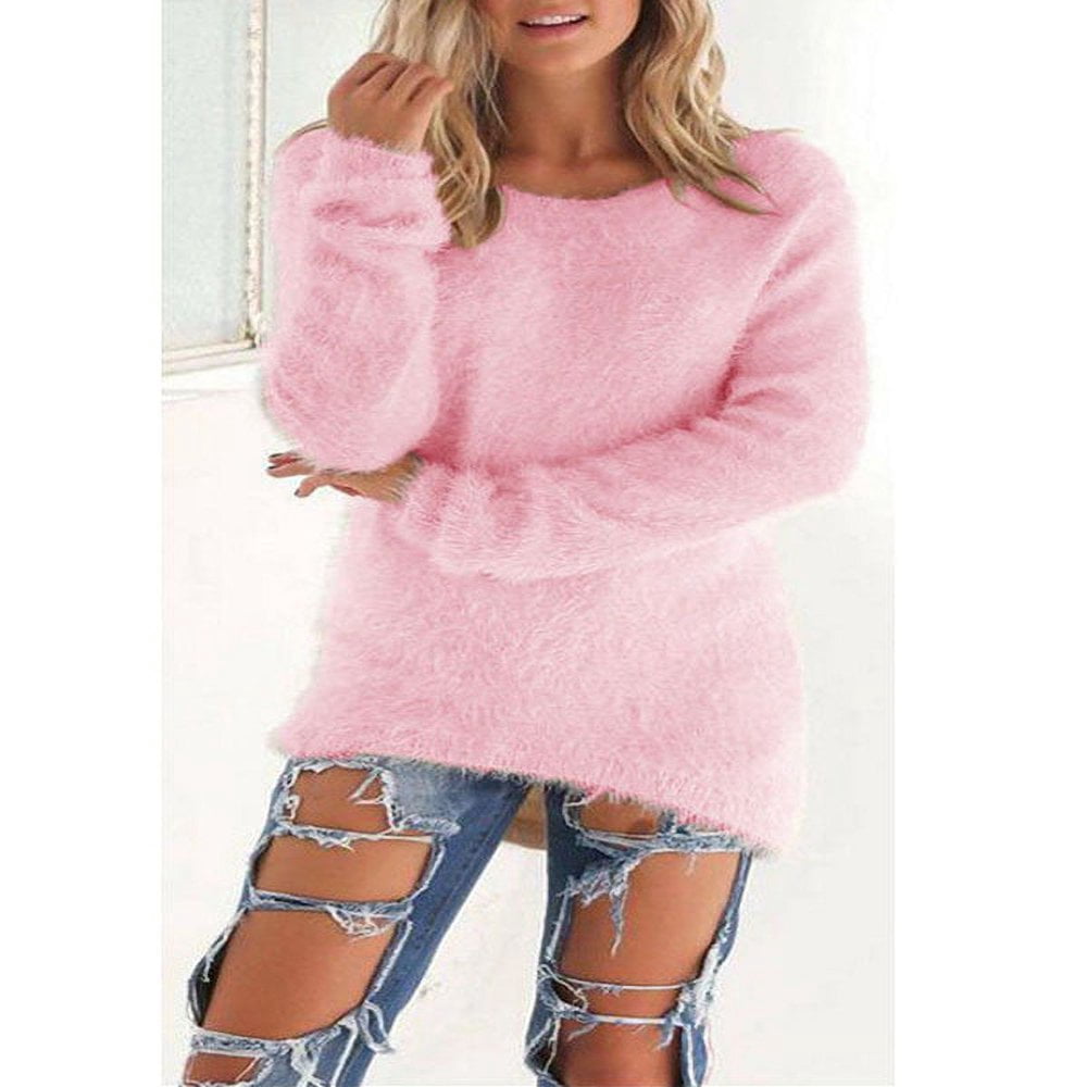 Women Winter Fleece Fluffy Sweater Jumper Plain Pullover Tops Blouse