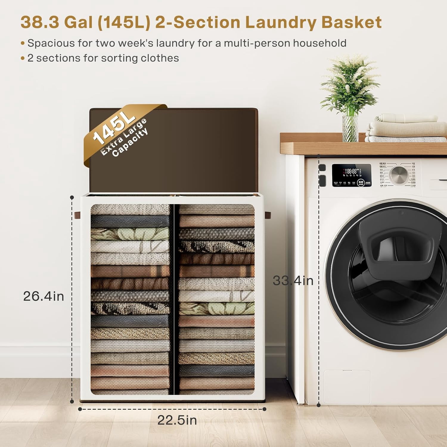 Double Laundry Hamper with Lid, 130L Clothes Hamper 2 Section, Laundry Basket with Removable bag, Bed room decor aesthetic, laundry room organization, Home and dorm room essentials