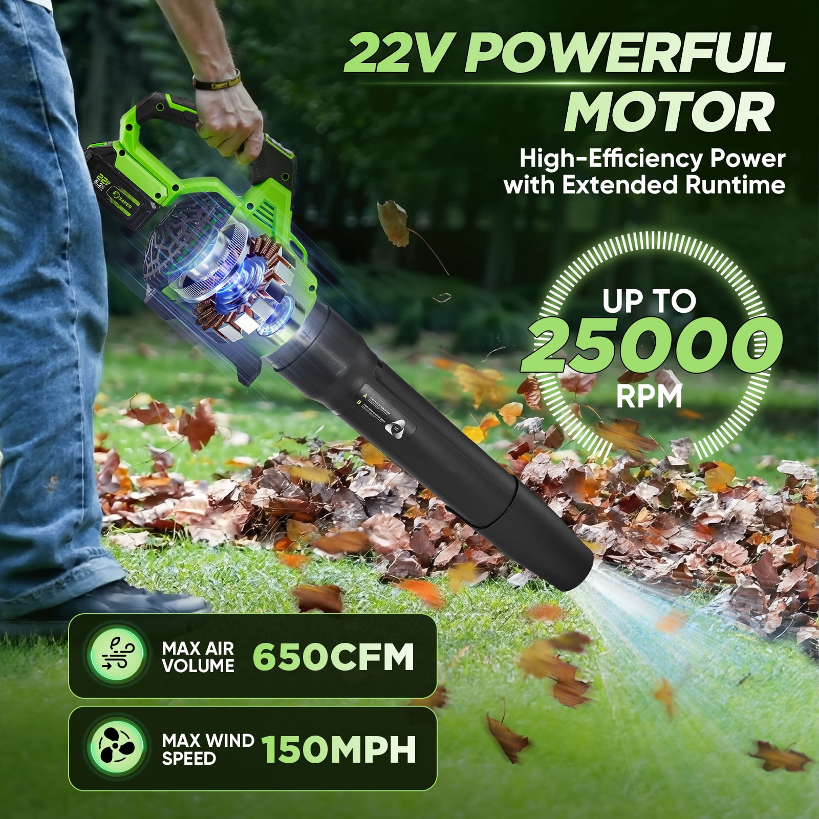 Saker Cordless Leaf Blower with 2x 5.2Ah Batteries, 650CFM, 150MPH, 3 Speed Levels, Electric Leaf Blower for Lawn Care, Leaves Blowing, Patio Cleaning