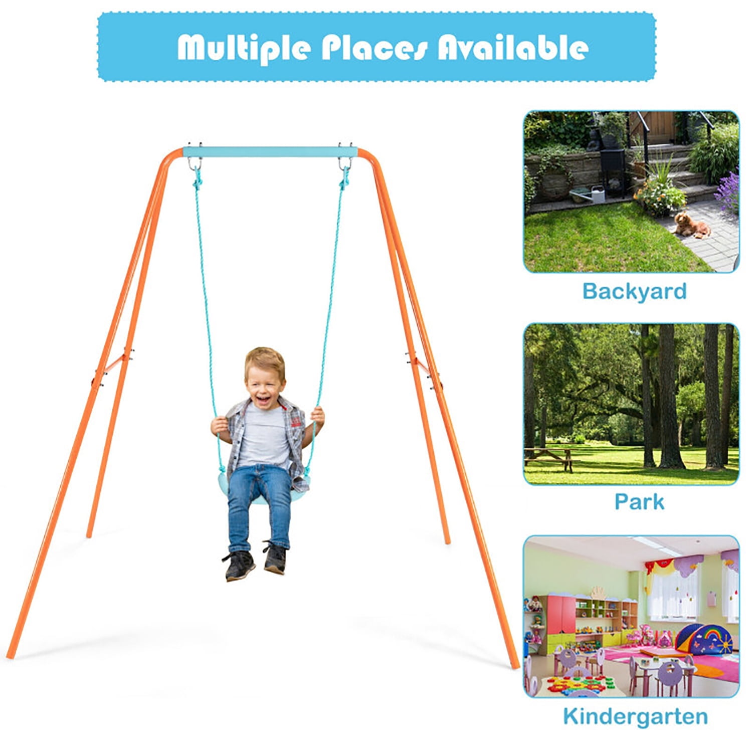 CIPACHO Outdoor Kids Swing Set with Heavy-Duty Metal A-Frame and Ground Stakes, Orange