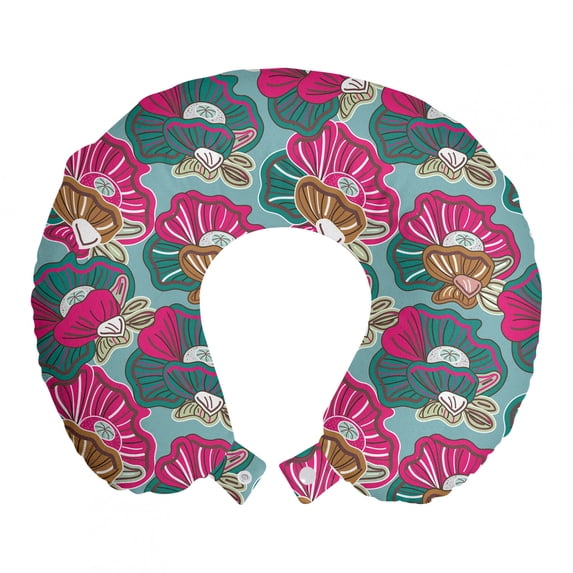 Floral Travel Pillow Neck Rest, Natural Theme Colorful Drawing Flower Patterns and Butterflies, Memory Foam Traveling Accessory Airplane and Car, 12", Pale Teal Hot Pink, by Ambesonne
