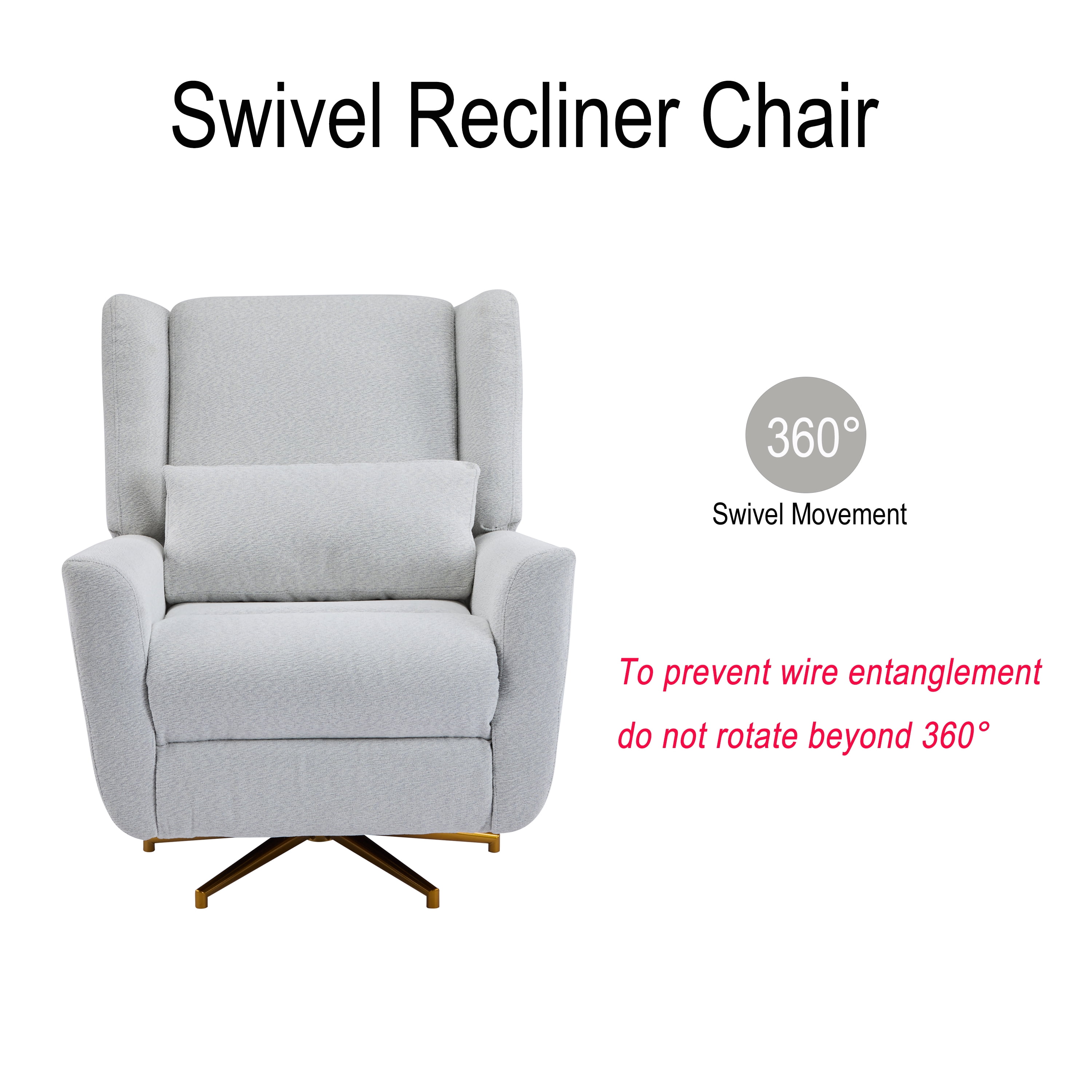 HOQBN Power Recliner Chair with 360° Swivel, 90°-165° Adjustable Backrest, Gold Base, Upholstered Swivel Chair for Home Office,Light Grey
