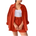 thumbnail image 4 of Women Crinkled Textured Two Piece Outfit Set, Lapel Long Sleeve Button Shirt & High Waist Drawstring Shorts, Plus Size Casual Loungewear Suit for Vacation Daily Street Wear 05-Saffron S, 4 of 4