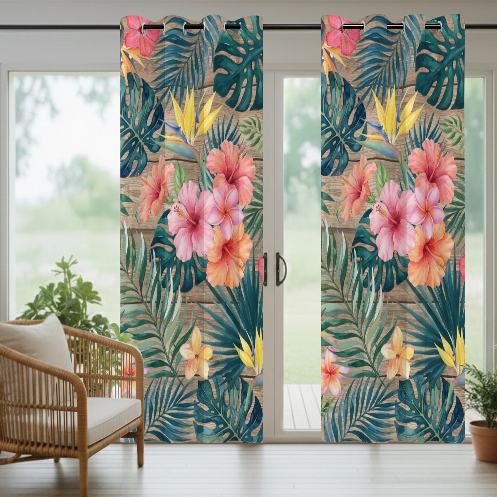 Pink Hibiscus Flower Outdoor Curtains for Patio, Palm Leaf Summer Coastal Tropical Botanical Vintage Sunshade Privacy Drapes Grommet Waterproof Outside Curtains for Porch Balcony 54"x108", 1 Panel