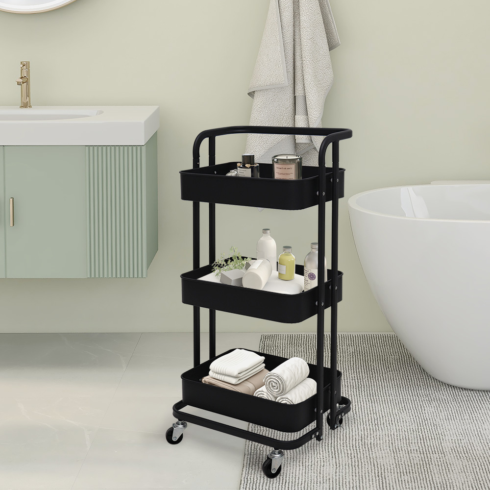 3 Tier Foldable Rolling Utility Cart-Black