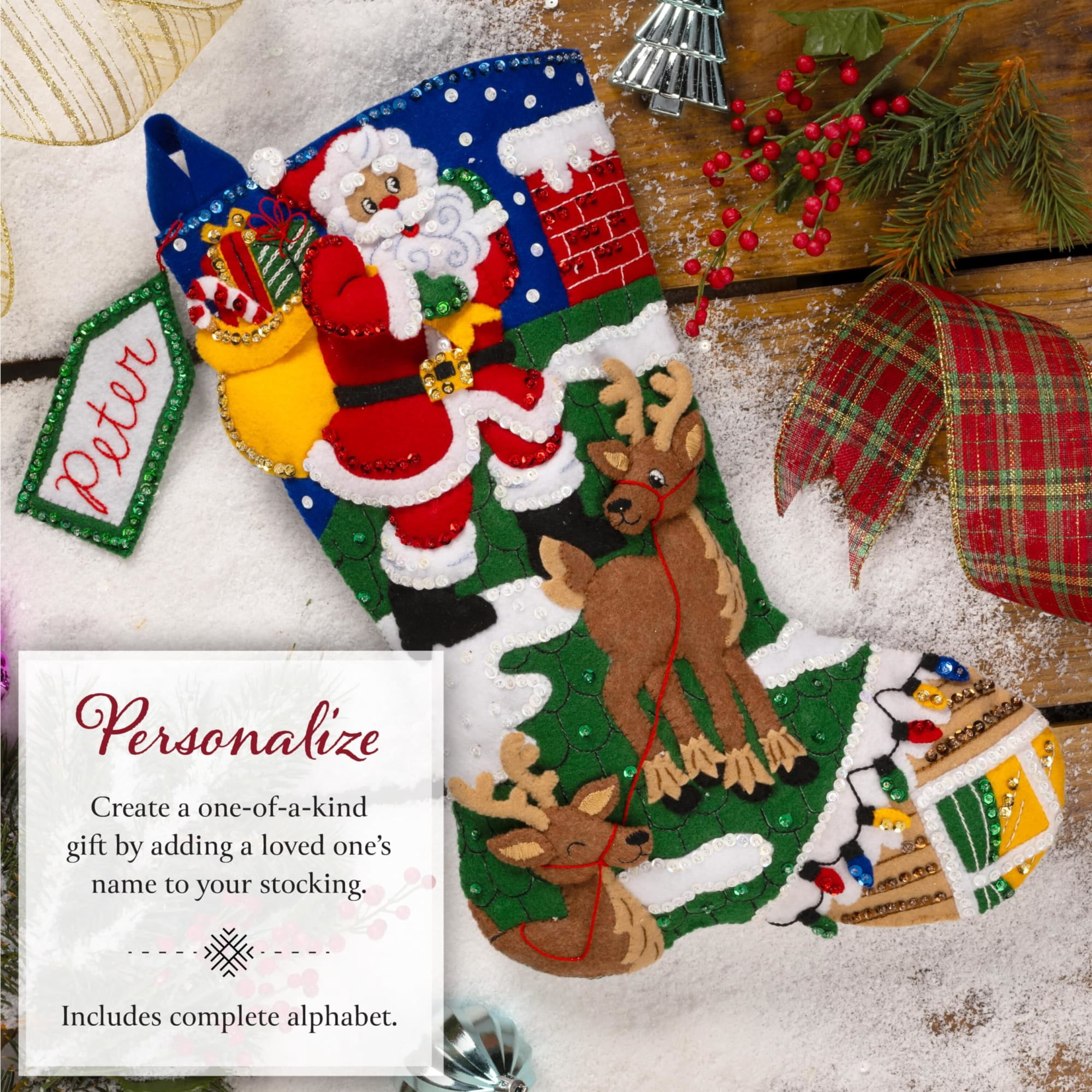 Bucilla Felt Stocking Kit, Rooftop Santa, 18 in, Multicolor, Felt