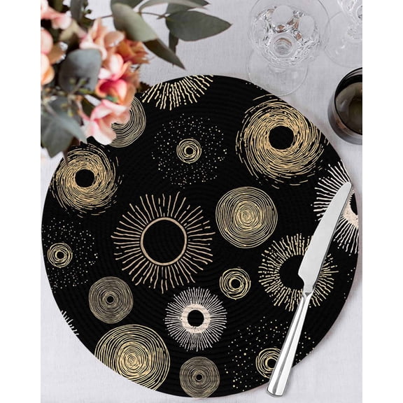 15 Inch Round Placemats Set of 4, Geometric Black Non Slip Heat Insulation PP Table Mats, Abstract Goldeb White Boho Circle Dot Washable Place Mats for Kitchen Dining Party Table Decor
