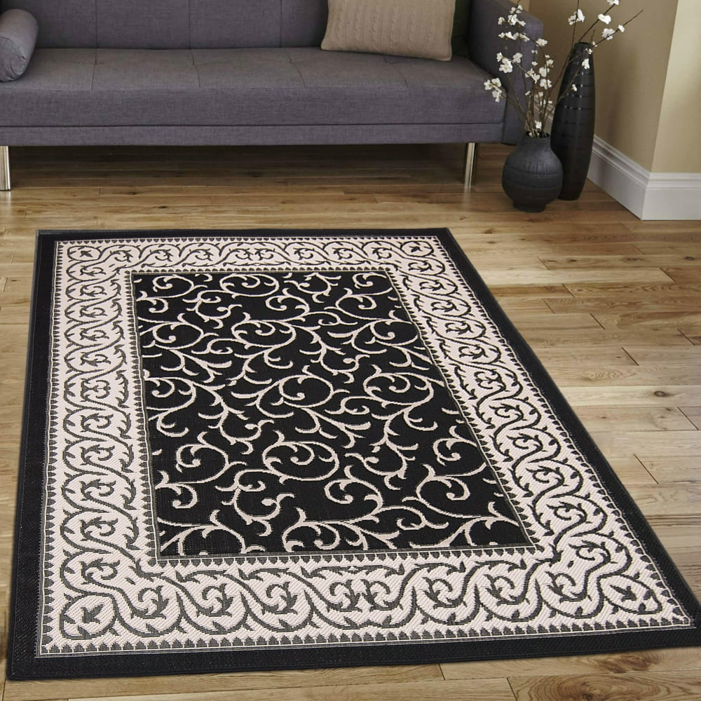 Black Allstar Indoor Outdoor All Weather Rug with Floral Pattern Design