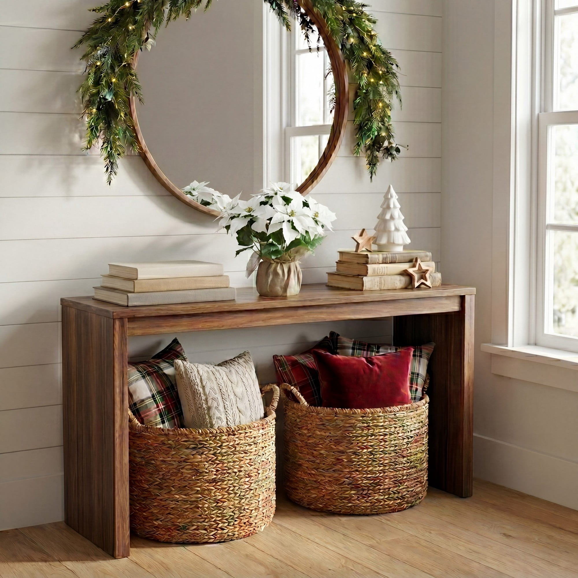 16in. Artificial Poinsettia Arrangement in Burlap Planter