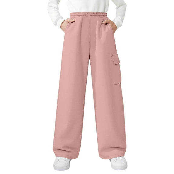 XUNKUSGA Pants for Girls 5-15Y Solid Color Elastic Waist Girls Cargo Pants Loose Straight Leg Sweatpants For Girl with Pockets Fashion Casual Outerwear Sweatpants Pink