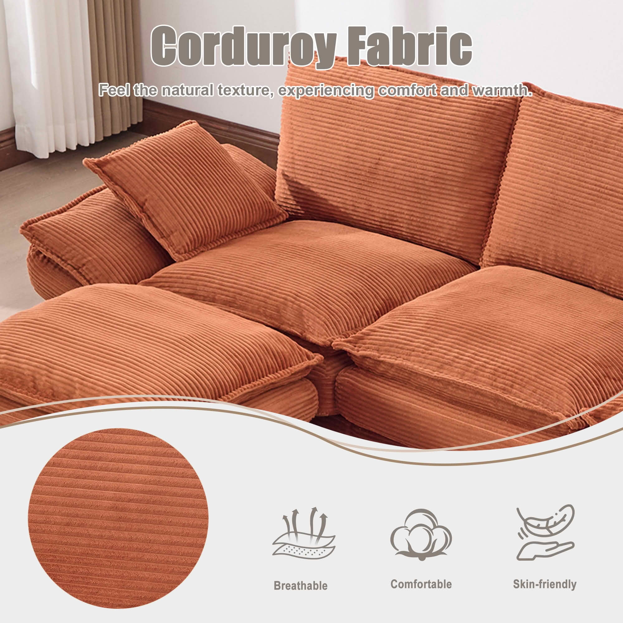 MAYEERTY Multi-Config Cloud Corduroy Modular Sofa, Deep Seat Sectional Couch with Storage Footstool & USB Ports for Small Apartment