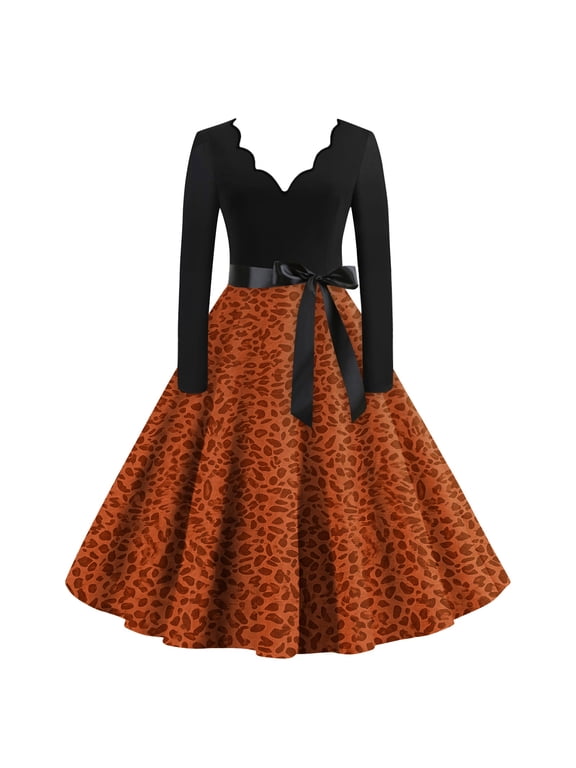 Women Vintage 1950s Rockabilly Swing Dress Long Sleeve Scalloped V Neck Leopard Print A Line Cocktail Party Dress Retro Pinup Midi Dress with Sash Belt Casual Wedding Guest Outifits