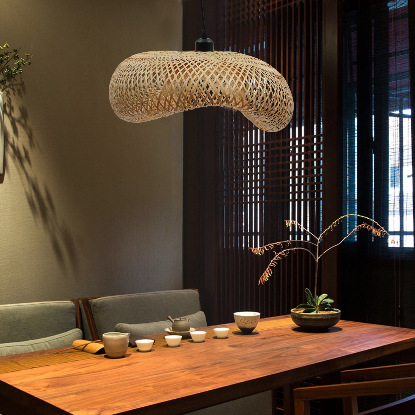 1m Adjustable Wide Voltage Ceiling Light Bamboo Woven Ceiling Light Ceiling Mounted Light Log Color with Standard E26 Lamp Holder