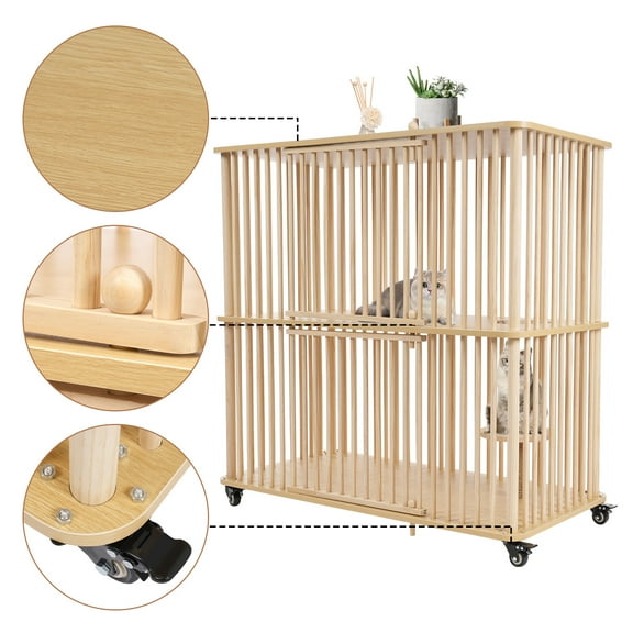 Miumaeov 44.1*22*42.5in Wooden Large Cat Villa Rectangular Cat House Cat Cage w/ 4 Wheels