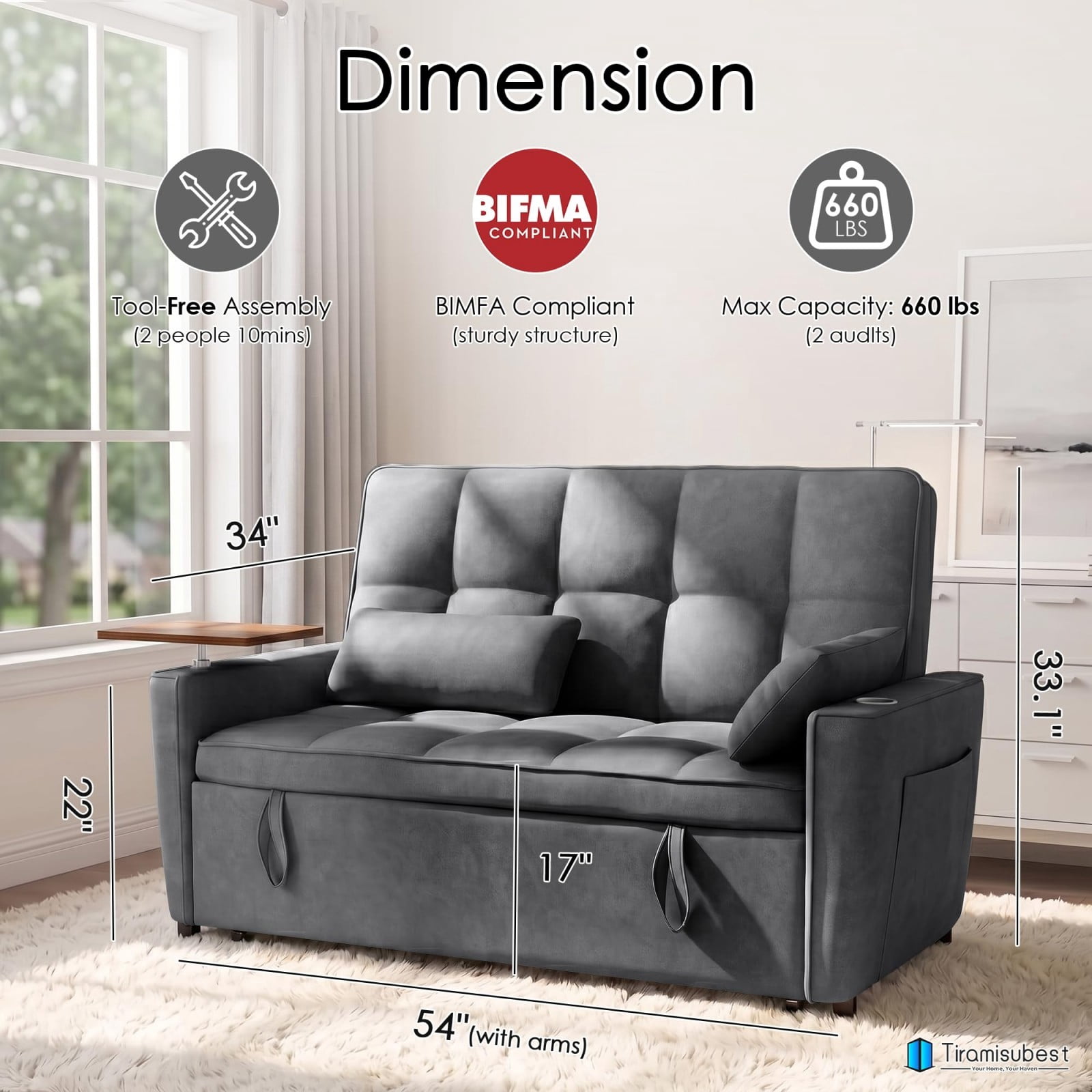 54" Sleeper Sofa Bed, Convertible Pull Out Couch Futon with Side Table, USB Ports, Cup Holder, Adjustable Backrest, Velvet Sofa Bed for Living Room Apartment, Dark Gray