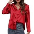 thumbnail image 1 of Camisa de manga larga de satén para mujer - Blusa de imitación de seda con ribete en contraste - Moda europea americana para el trabajo/vestir informal, 1 of 6