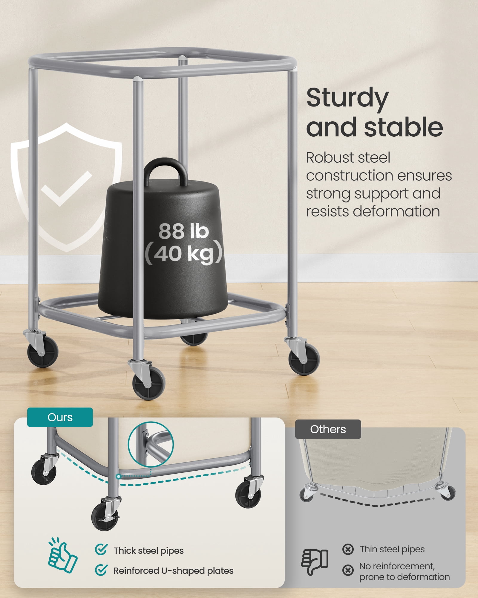 SONGMICS 45-Gallon (170 L) Laundry Basket with Wheels,with Steel Frame and Removable Bag, 2 Locking Wheels, Cream White and Metallic Silver