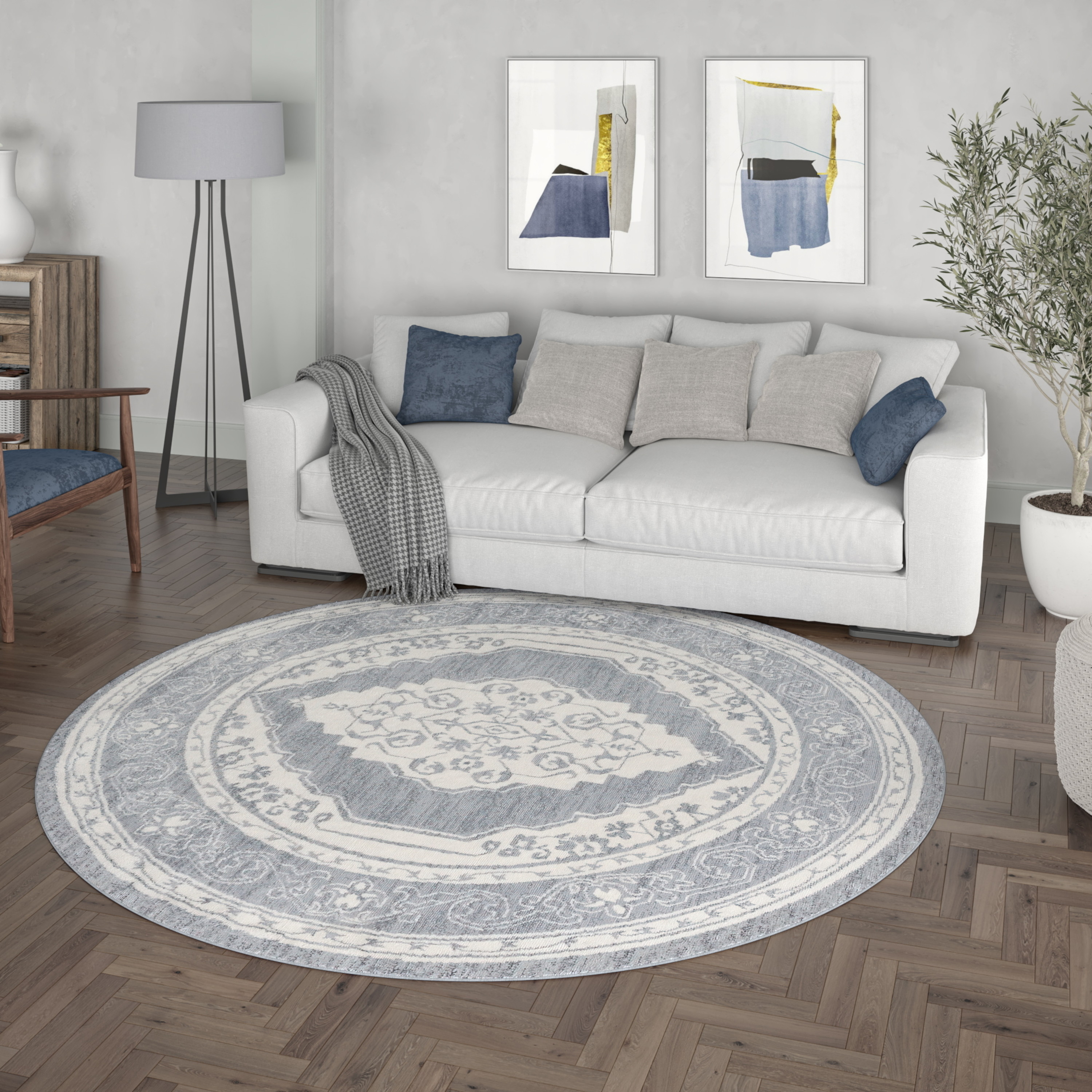 Madison Traditional 8' Round Cream and Gray Polypropylene Indoor Area Rug