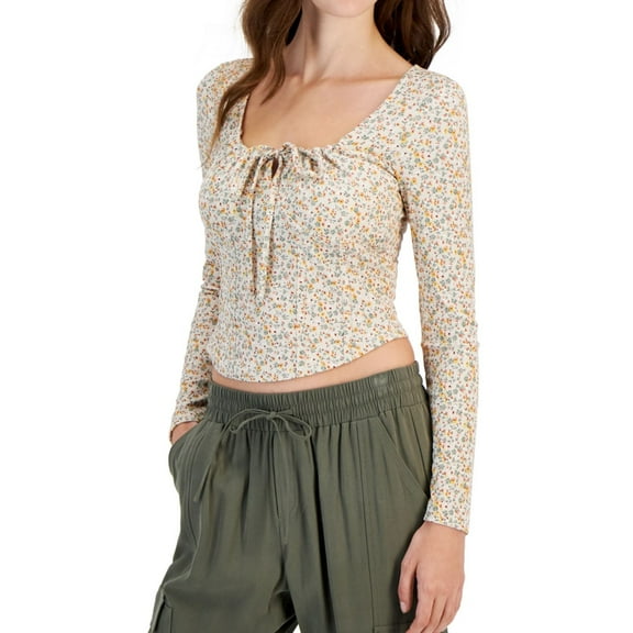 JUST POLLY Womens Tie Neck Corset Pullover Blouse, Beige, Juniors, Large