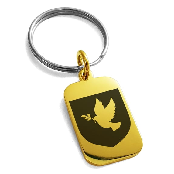 Stainless Steel Dove Peace Coat of Arms Shield Engraved Small Rectangle Dog Tag Charm Keychain Keyring