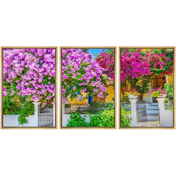 wall26 - 3 Piece Framed Canvas Wall Art - House with Bougainvillea - Modern Home Art Stretched and Framed Ready to Hang - 16"x24"x3 Natural