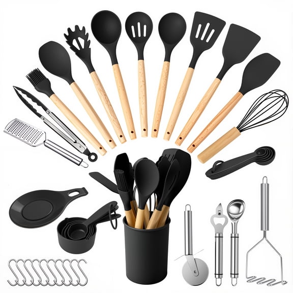 Silicone Cooking Utensils Set, Kitchen Utensils Set 38 Pcs for Cooking, Nonstick Kitchen Utensils Cookware Set Spatula Set, Black