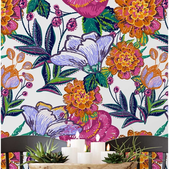 S4Sassy Peel & Stick Vinyl Wallpaper, Vibrant Hand-Sketched Floral Wallpaper Contact Paper Waterproof- Multicolor On White, 25"X 360", Textured Removable Wall Covering For Home Decor In Bedrooms