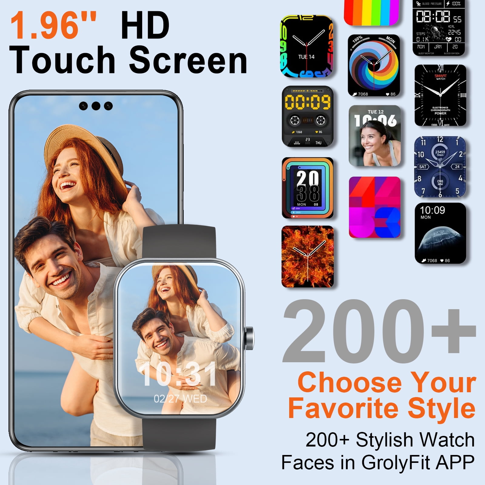 Smart Watch for Men Women Fitness,1.96" HD Touch Screen Fitness Tracker with Bluetooth Call Answer/Dial,Fitness Watch with 100+ Sports Modes,Pedometer,Calorie Counter,IP68 Waterproof Smartwatch Compa