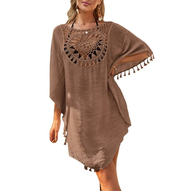 xiaxaixu Robe Courte d'Été pour Femmes, Motif Crochet Uni Chauve-Souris Manches Courtes Col Rond à Franges Ample