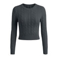 thumbnail image 5 of Bzdzmqm Women's Cropped Cable Knit Sweater Slim Fit Crew Neck Long Sleeve Ribbed Cuffs Hem Cozy Fall Winter Office Daily Wear, Dark Gray S, 5 of 9