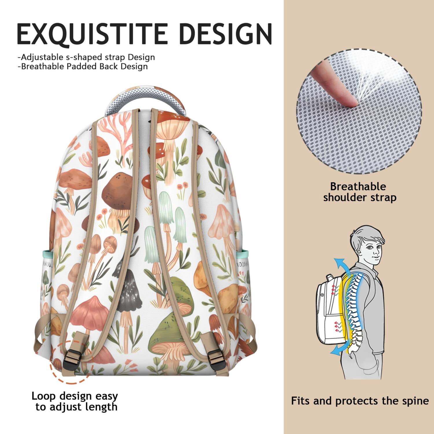 Whimsical Mushroom School Backpack - Vintage Aesthetic Fungi Bookbag with Organized Storage & Breathable Mesh Straps