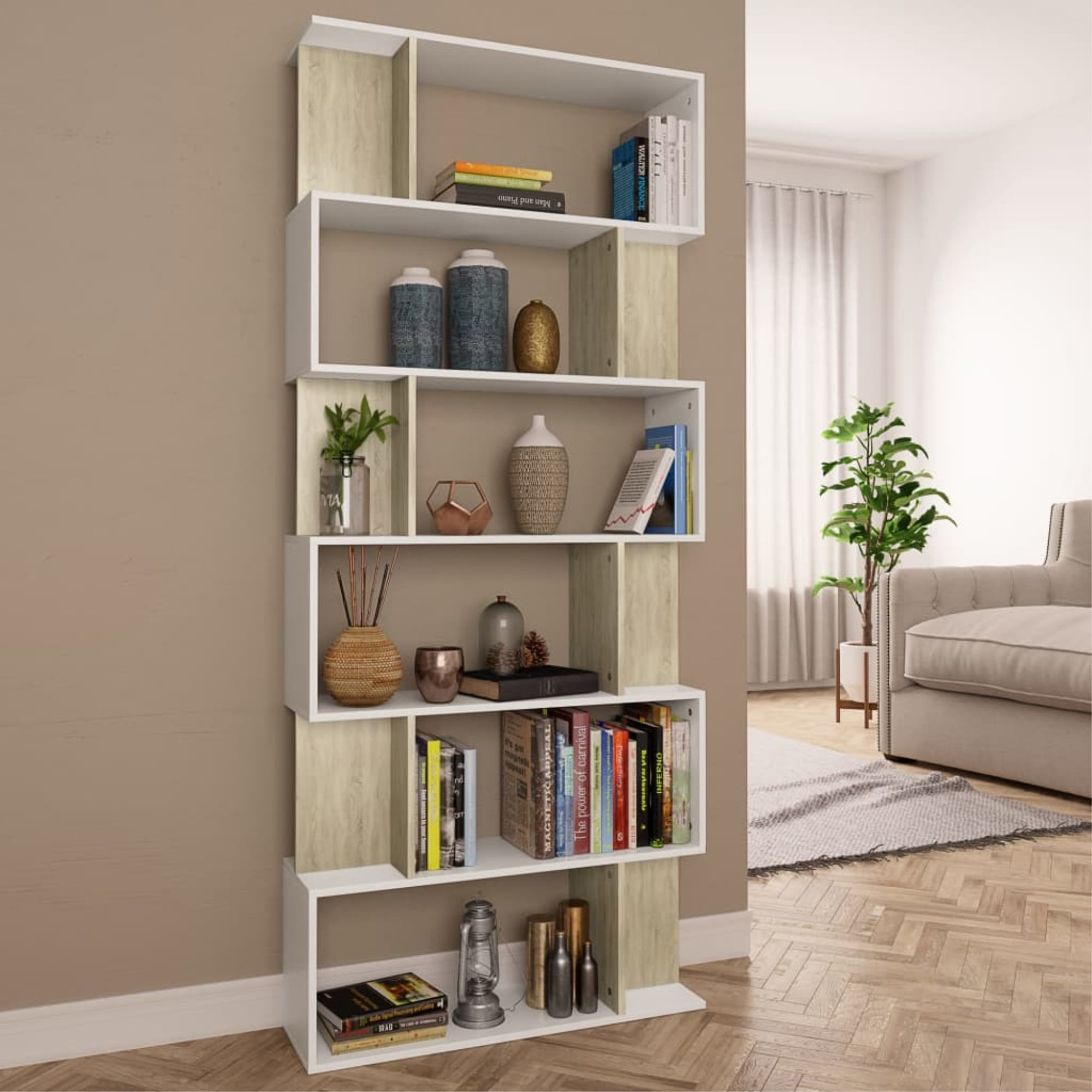 vidaXL Bookshelf Home Interior Decor Furniture Living Room Divider Separator Wall Standing Shelf Stand Storage Book Cabinet Sonoma Oak Chipboard 