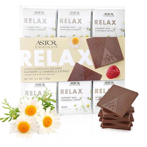 Astor Chocolate Relax Milk Chocolate Chamomile Raspberry Squares Gift Set Chocolate Lovers Mini Bar Box l 18pc Individually Wrapped Relaxing Belgian Bite Size Chocolate Basket 0.33oz Each...